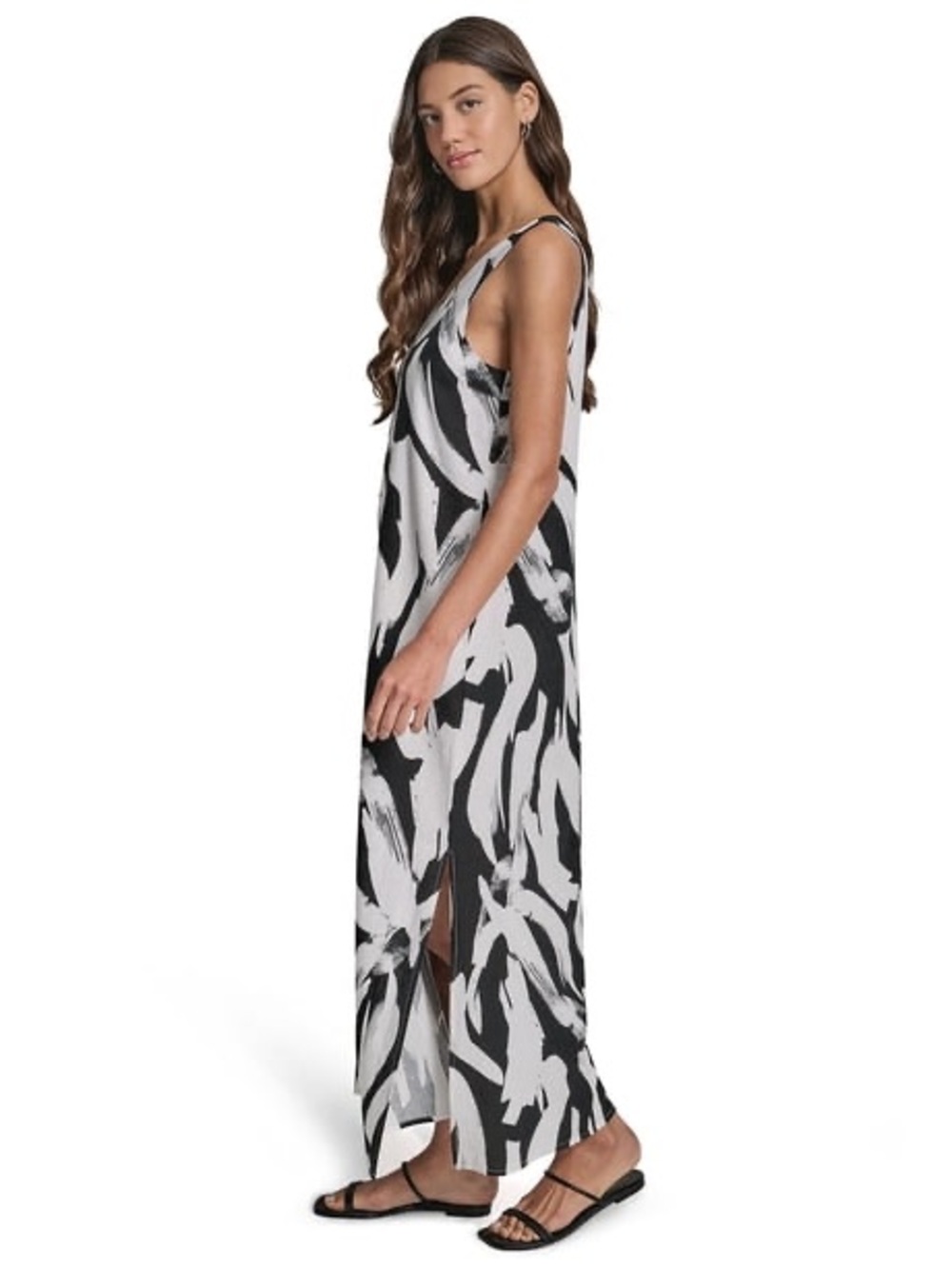 DKNY women's black and white abstract brushstroke sleeveless linen-blend Dress